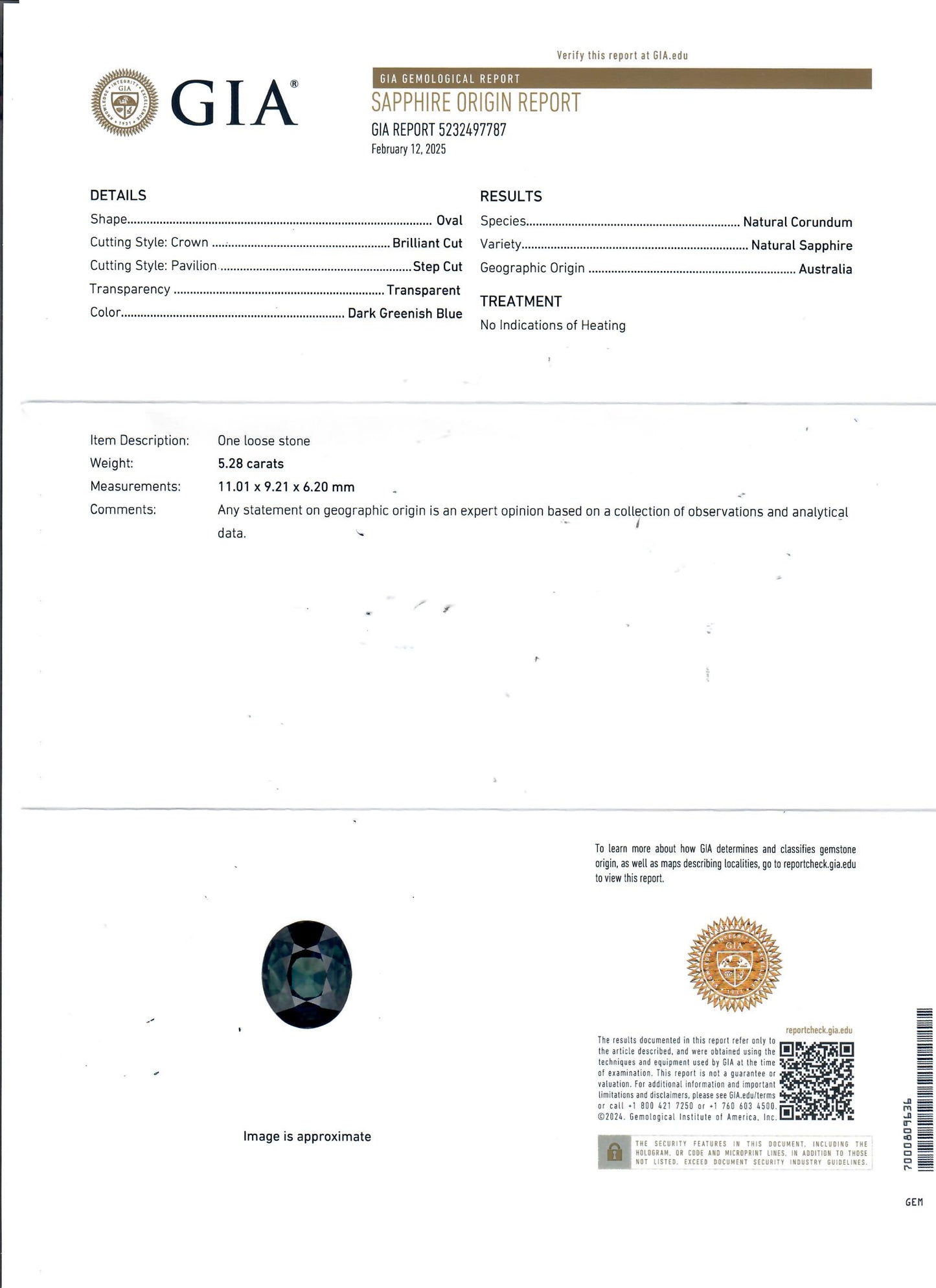 GIA Certified Sapphire 5.28CT Blueish Green, IF Loupe Clean untreated/unheated