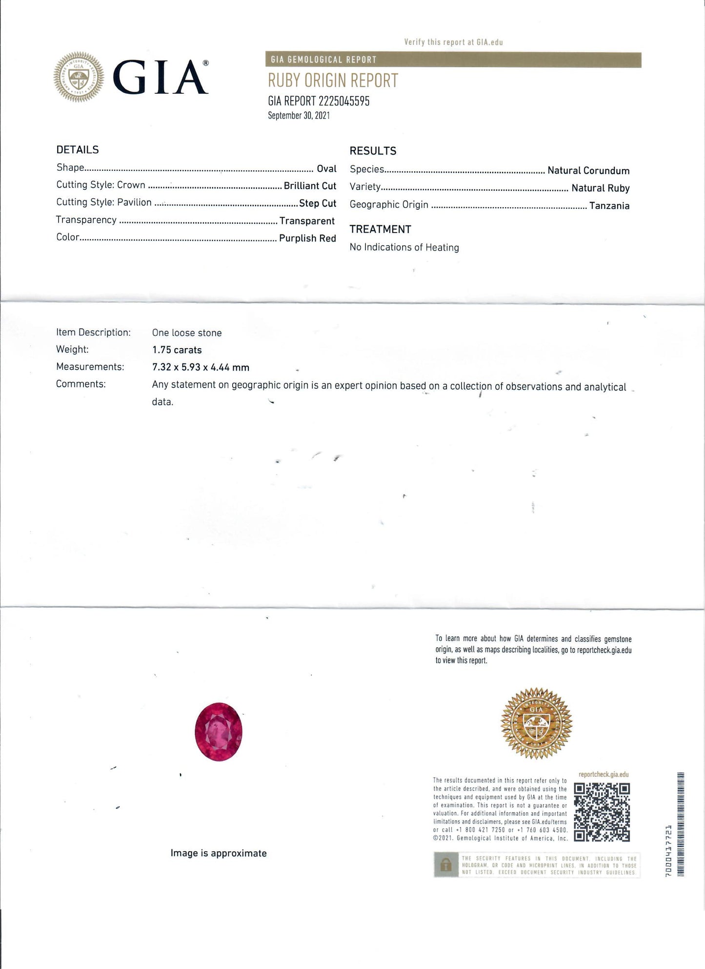 GIA Certified Natural Ruby 1.75CT Unheated from Tanzania