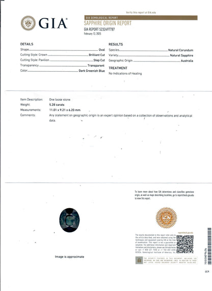 GIA Certified Sapphire 5.28CT Blueish Green, IF Loupe Clean untreated/unheated
